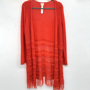 Chico's Crochet Knit Duster Cardigan Size Large Orange Fringe Boho Beach Gypsy